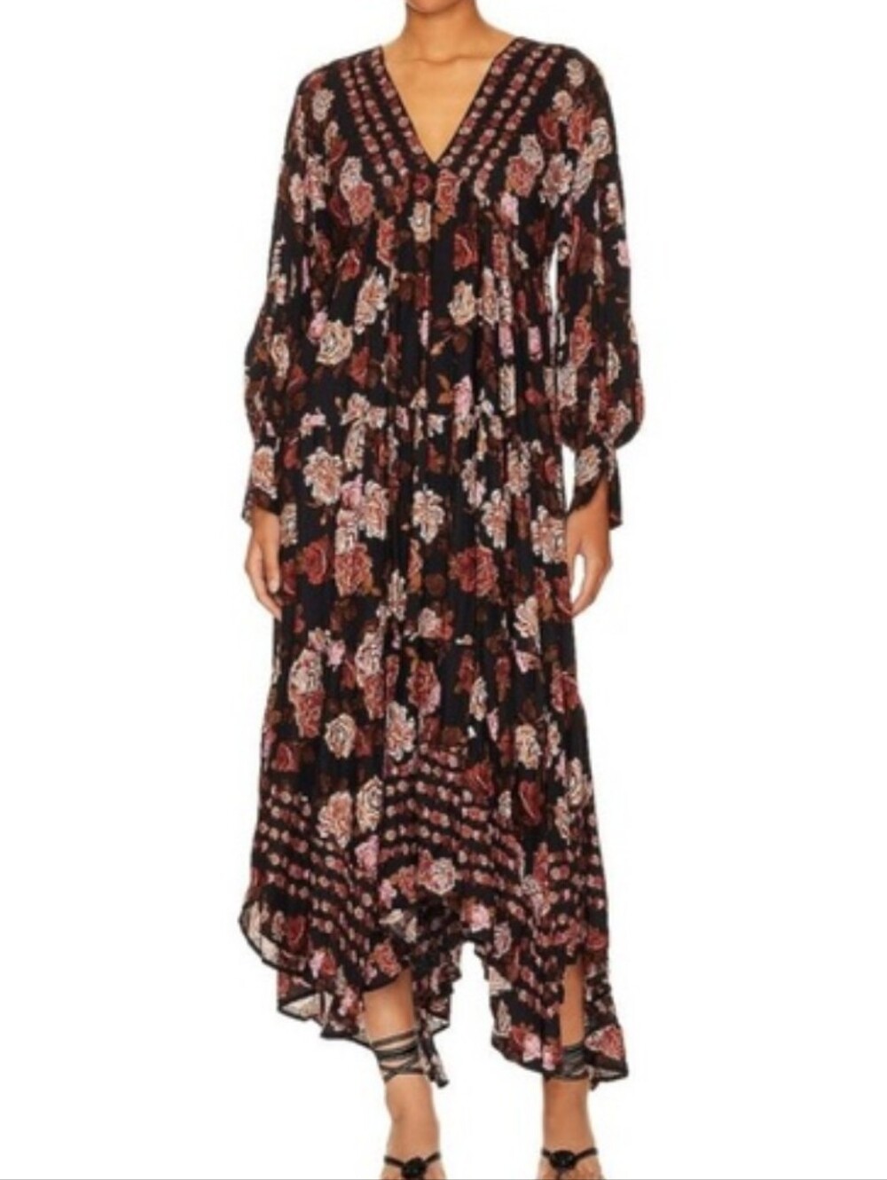 Free People Rows of Roses Flowy Bohemian Maxi Dress Floral Size Small
